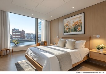 Modern Waterfront Bedroom Sunrise City View Large Window
