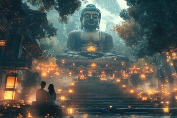 Couple meditating, Buddha statue, temple steps, lanterns, misty mountains