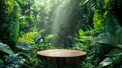 Round Wooden Platform in a Lush Green Jungle. Generative AI