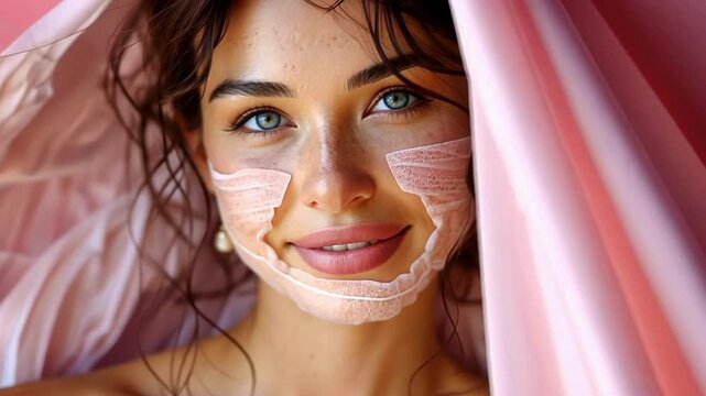 European woman with glowing skin after removing moisturizing fabric mask