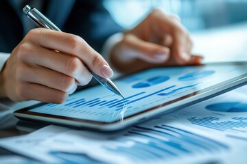 A professional analyzing data on a tablet, showcasing charts and graphs. The image highlights the importance of digital tools in modern business analytics.
