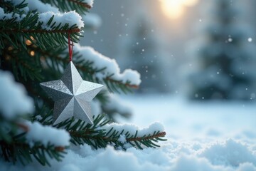 Snowy forest scene with silver star ornament amidst frosty pine branches, holiday decor, silver star