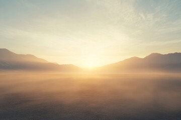 Tranquil sunrise over misty mountain landscape with soft morning light