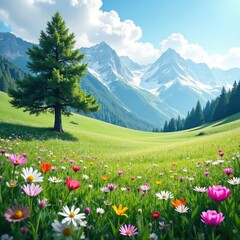 Fototapeta premium Snowy meadow with wildflowers in the Alpes Grigiones, meadow, tree