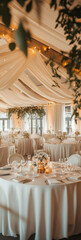 Elegant Wedding Reception with Draped Ceiling and Floral Decor 