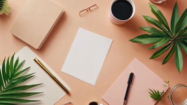Creative workspace with coffee, notebooks, pens, and greenery � artistic desktop setup
