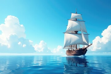 Vessel sails through the clear blue sky with clouds, clouds, blue