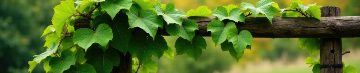 Obraz premium Vines of green autumn cherry leaves tangled on a rustic wooden trellis, farm, garden decor