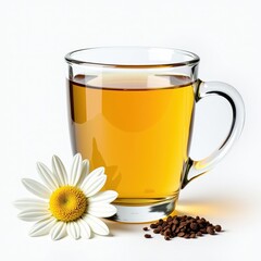 GoldenYellow Tea in a White Mug with a White Daisy and Brown Coffee Beans on a Clean Background