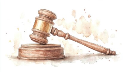A beautifully illustrated wooden gavel resting on a circular block, symbolizing justice and law, with a soft, abstract watercolor background.