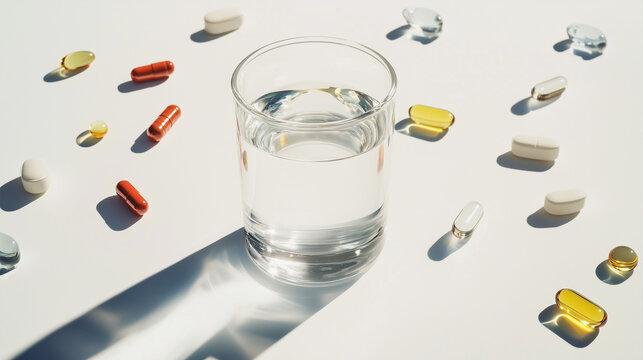 Glass of water with vitamins and supplements on a bright surface