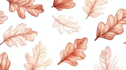 Fototapeta premium A seamless pattern featuring delicate watercolor oak leaves in warm tones on a clean background, capturing the essence of autumn's beauty.