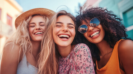 Obraz premium Three women are smiling and wearing sunglasses
