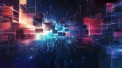 Abstract futuristic background with floating cubes and glowing light in shades of blue, purple, and red. A digital technology concept representing data flow, networking, and futuristic innovation