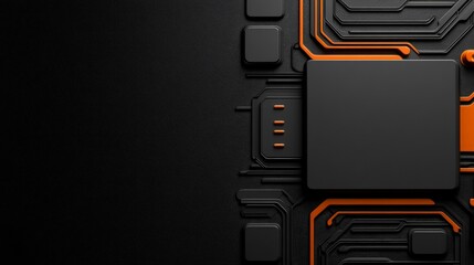 Digital Core: A detailed view of a futuristic black and orange computer chip, highlighting intricate circuits and a central processor unit. Perfect for technology and innovation themes.