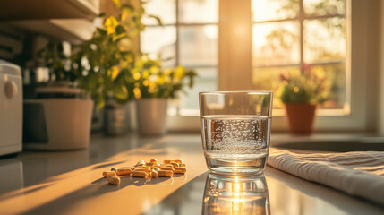 Glass of water with vitamins and supplements in a sunny kitchen setting with plants