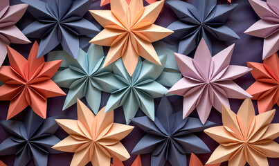 A colorful paper flower arrangement with a blue background