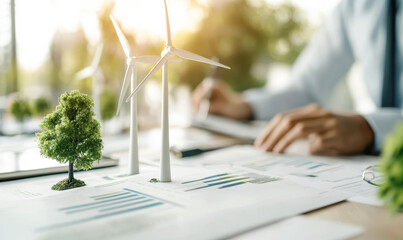 A man is writing on a piece of paper with a drawing of two wind turbines