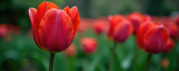 Fototapeta premium Water droplets clinging to a velvety tulip petal on a dark green leafy stem, flowers, garden