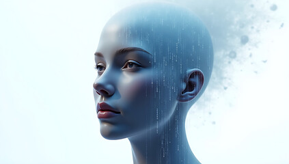 A simple 3D render of a human head with glowing binary numbers pouring out like a waterfall, symbolizing information overload, placed on a plain white background.