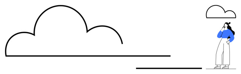 Woman in blue shirt stands thoughtfully next to a simple cloud outline. Ideal for contemplation, dreams, aspirations, simplicity, minimalism, imagination, and tranquility. Modern and abstract line