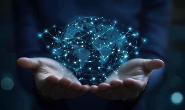 A person is holding a blue sphere that is made up of many small dots