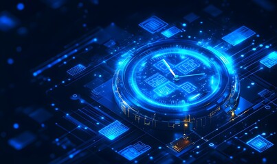Futuristic clock on circuit board; digital time, technology, data processing; abstract background; website, tech article