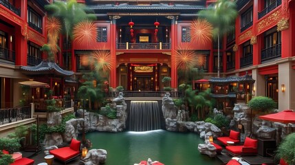 Obraz premium Serene Courtyard Oasis with Waterfall and Red Accents