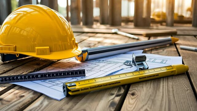 Construction planning with hard hat and blueprints on wooden table in sunlit atmosphere