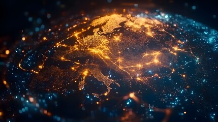 Fototapeta premium A close-up of the Earth's surface featuring glowing lights symbolizing a global network and seamless data connectivity. The visual representation highlights country borders in dark tones against