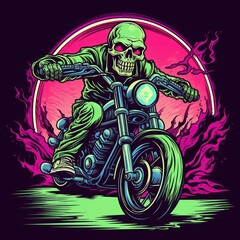 Motorcycle Rider With Skull Head Racing Through Vibrant Flames at Night. Generative AI