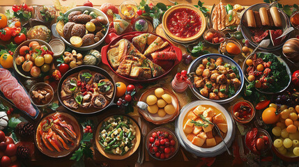 Fototapeta premium Create an image that celebrates the national food of a specific country's in a table, a beautifully arranged spread of traditional dishes, celebrating the richness of global flavors.