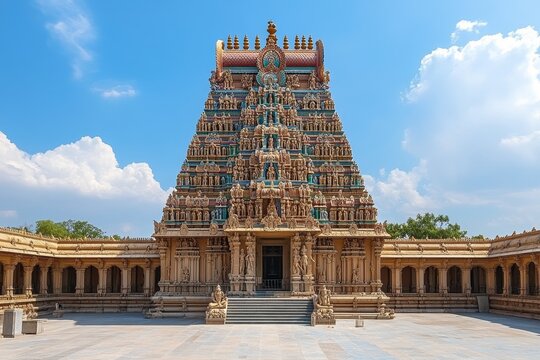 Ornate South Indian temple under blue sky