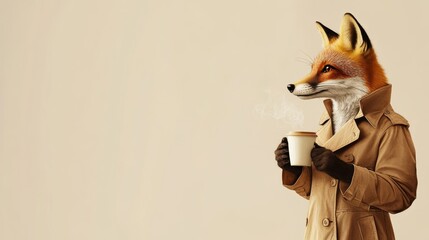 Anthropomorphic fox in trench coat enjoying coffee in stylish portrait