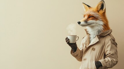 Anthropomorphic fox in trench coat holding coffee cup on beige background