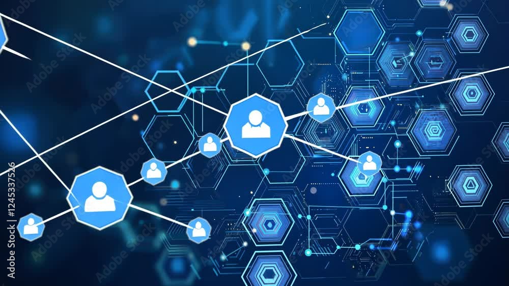 Poster dynamic digital network with social connections and data flow in blue hexagonal interface
