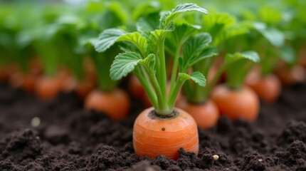 A close-up view of a carrot growing in soil, with its green leafy tops visible above the ground