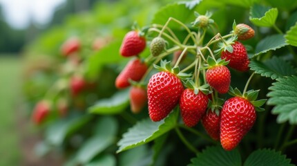 A close-up view of a strawberry bush with clusters of bright red strawberries nestled among the green foliage