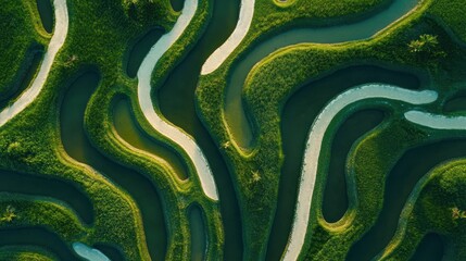 Fototapeta premium Aerial view of winding waterways, green landscape, paddy fields