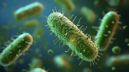 Fototapeta premium A highly detailed 3D rendering of green bacteria floating in a microscopic environment. The pathogens appear textured and covered in tiny protrusions, symbolizing infection, disease, and microbiology