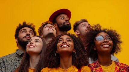 A group of diverse people smiling and looking upwards, The poster has an elegant design, showcasing diverse young individuals standing together, vibrant yellow background.