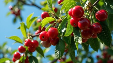 A lush cherry tree adorned with clusters of ripe, red cherries, set against a bright blue sky