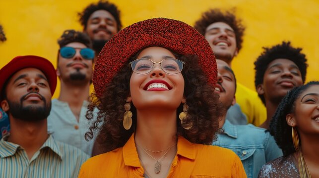 A group of diverse people smiling and looking upwards, The poster has an elegant design, showcasing diverse young individuals standing together, vibrant yellow background.