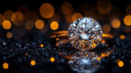 Sparkling diamond ring on dark glitter, bokeh lights.  Jewelry advertising