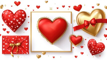 Festive Red and Gold Hearts with Confetti on White Background