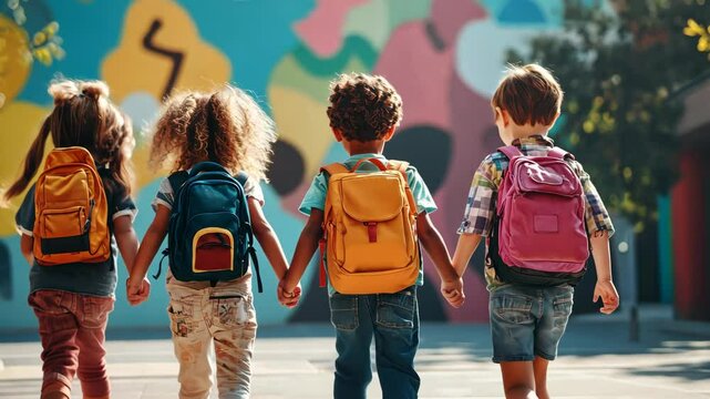 Colorful journey: children walking hand in hand with backpacks by vibrant mural wall