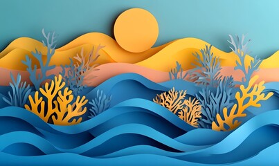 Obraz premium Paper art ocean coral sunset waves background