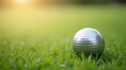 A sleek silver exercise ball positioned on a neatly trimmed lawn, illuminated by soft morning light, creating a peaceful and refreshing fitness ambiance.