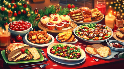 Fototapeta premium A vibrant banquet featuring a variety of delectable dishes and fruits in a table, Special Celebrations and Gatherings for a great dinner, surrounded by cheerful decorations.