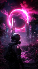 Obraz premium Futuristic Astronaut in Neon Cityscape with Pink Glow and Palm Trees